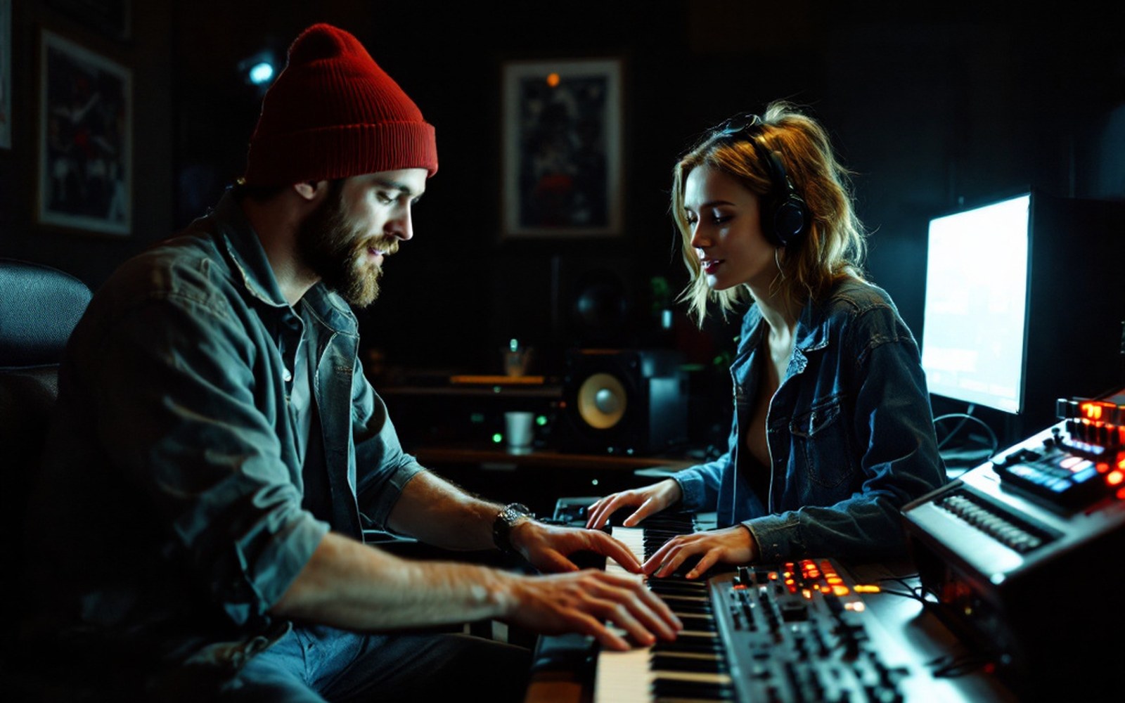 Two people in a home studio at night, one at a synthesiser