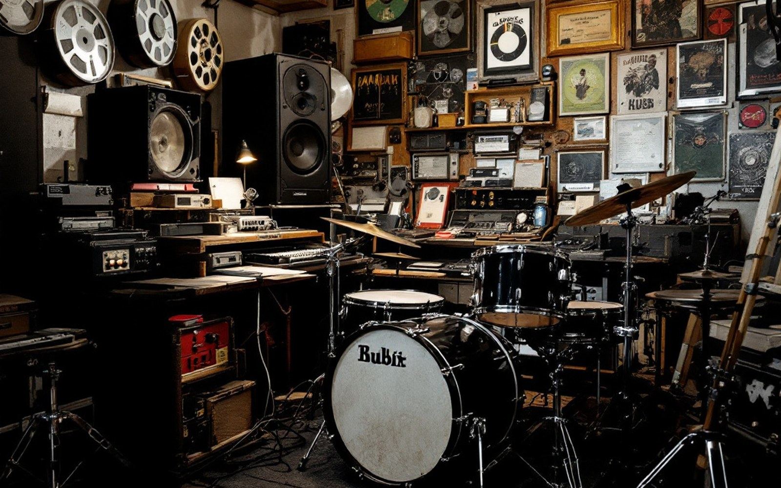 A rehearsal room with a drum kit pushed to the wall