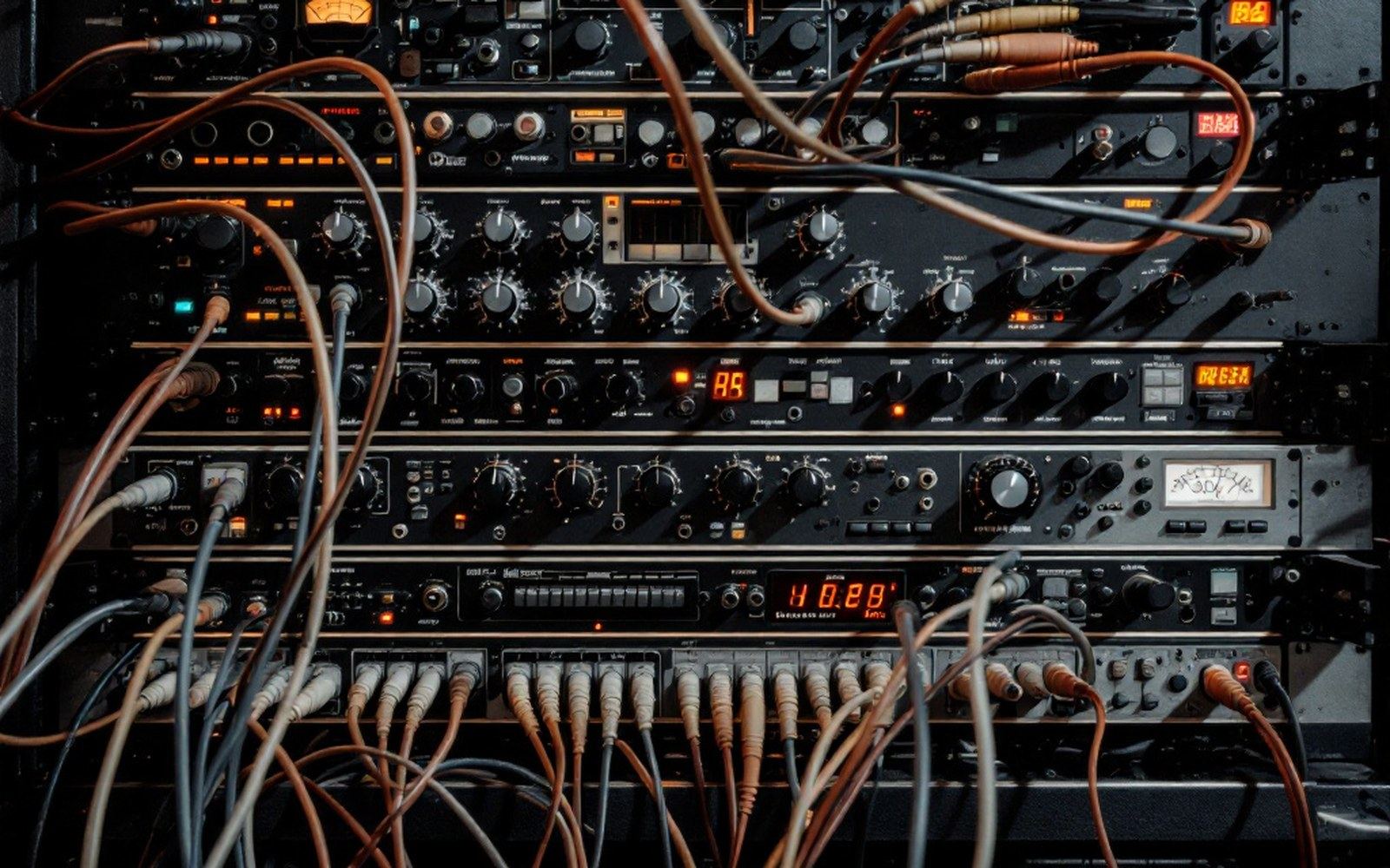 An outboard rack of compressors and delays with patch cables