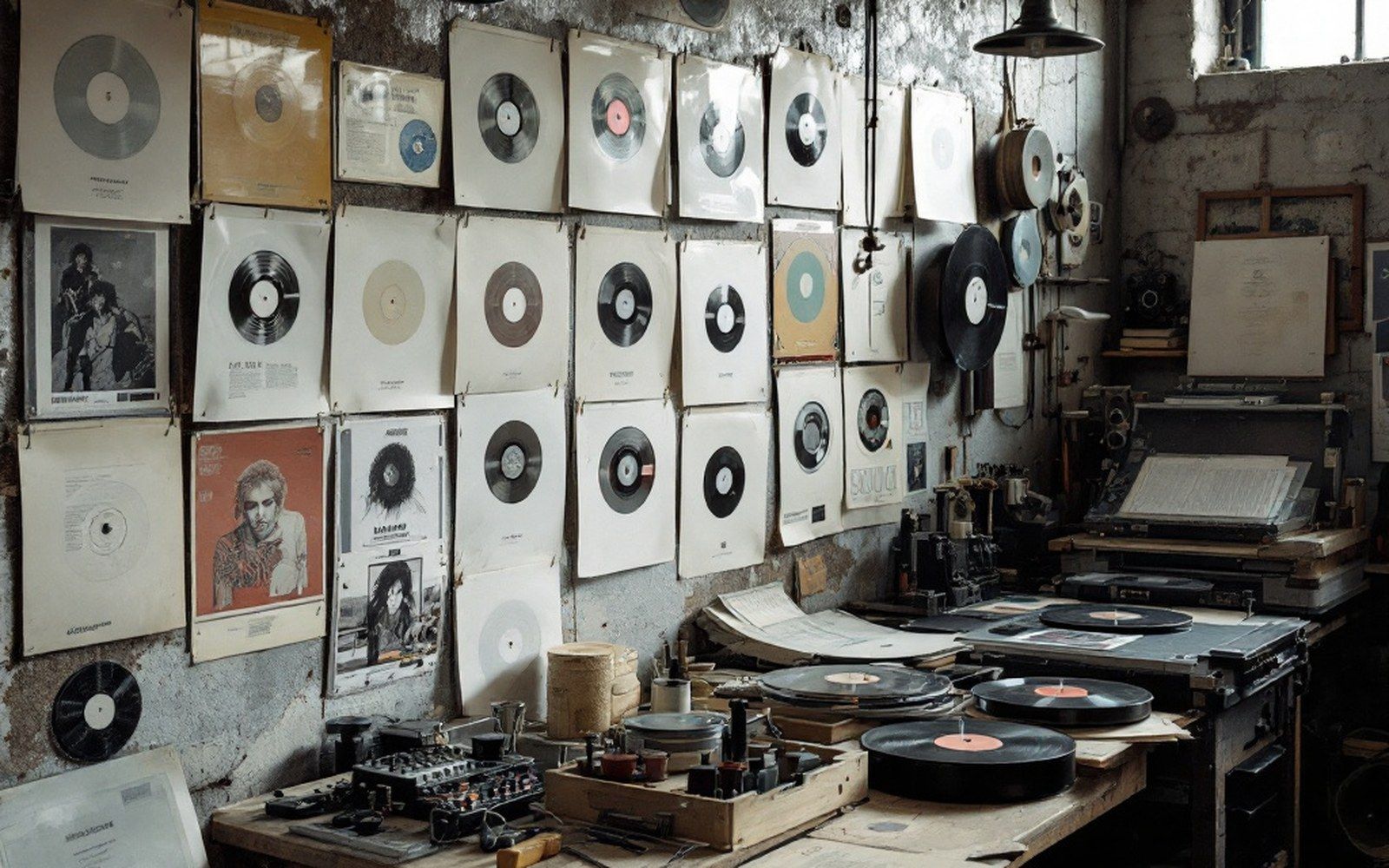 A print workshop with sleeve proofs pinned to a wall