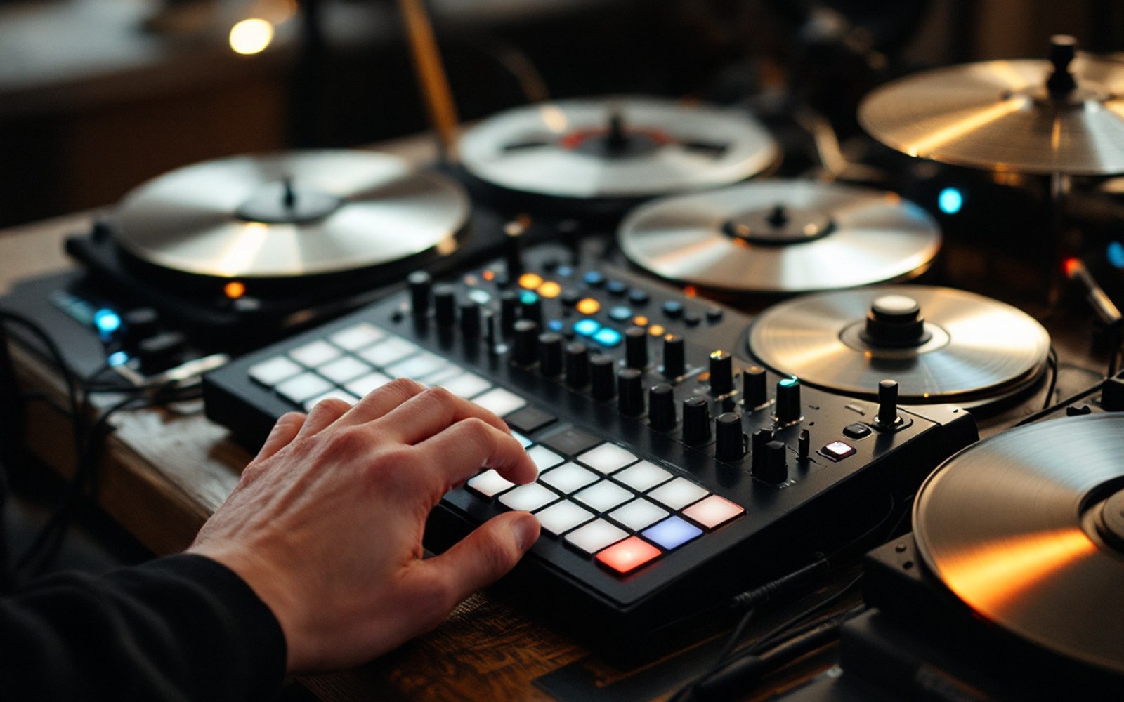 A drum machine on a table with a hand at the pads