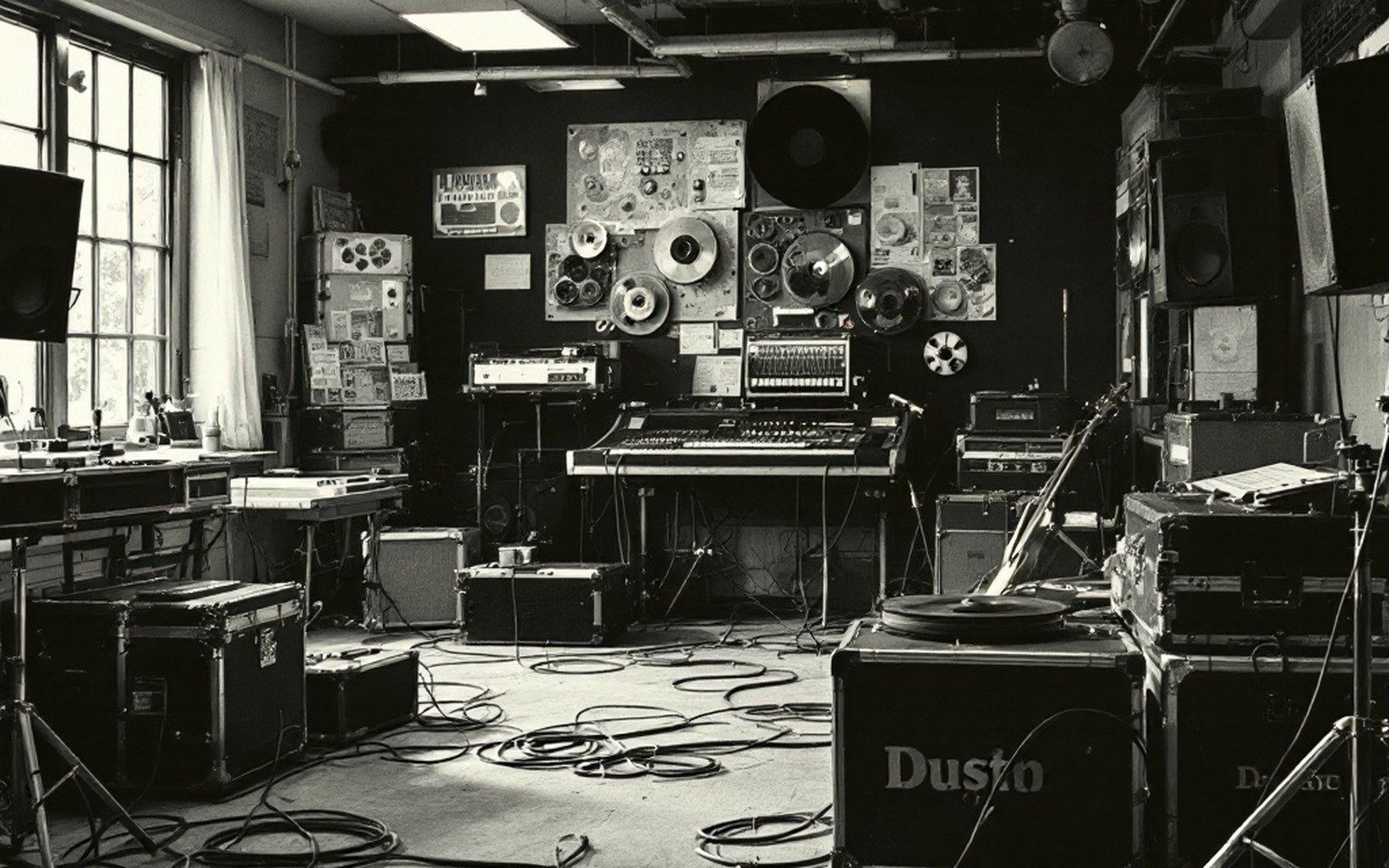 A rehearsal room with cased instruments and cabling on the floor