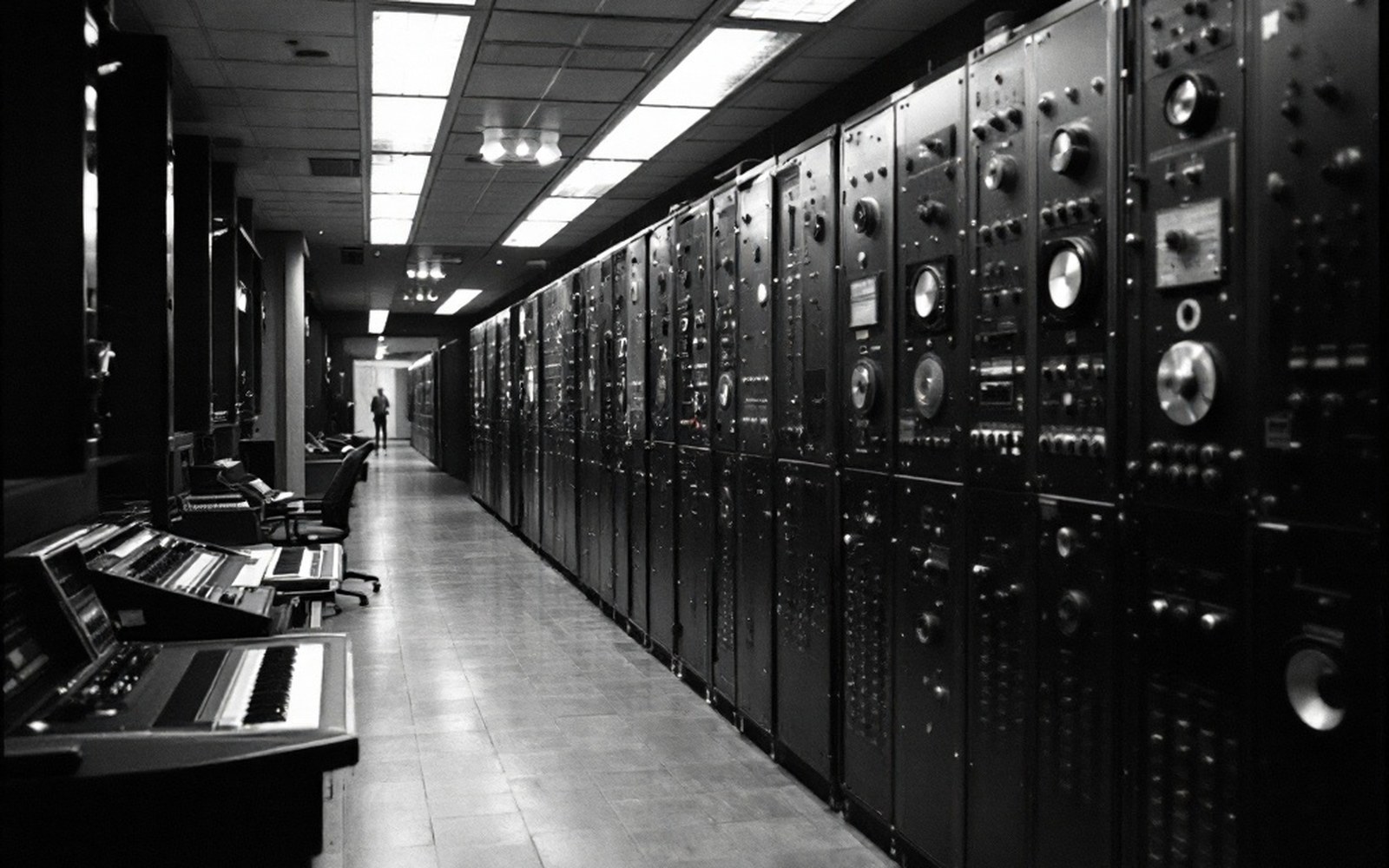 A large plate reverb cabinet in a studio corridor